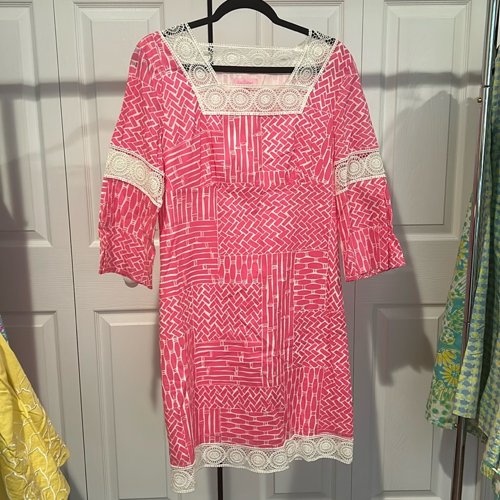 Lilly Pulitzer Pink and White Bamboo Patchwork Print Dress💕